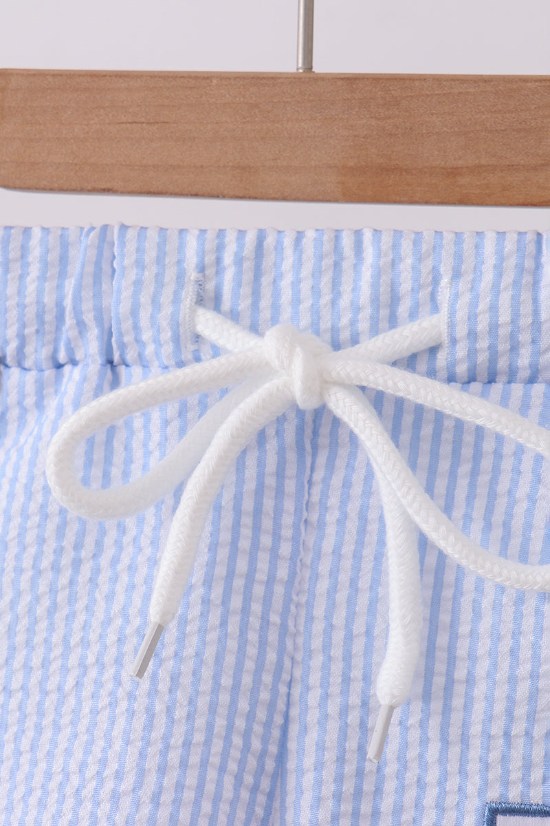 Blue stripe seersucker crab embroidery swim trunks