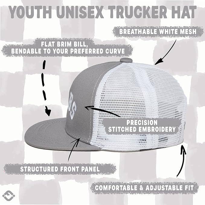 Funky Junque - Flat Brim Trucker Hat - Bubs - Grey/White