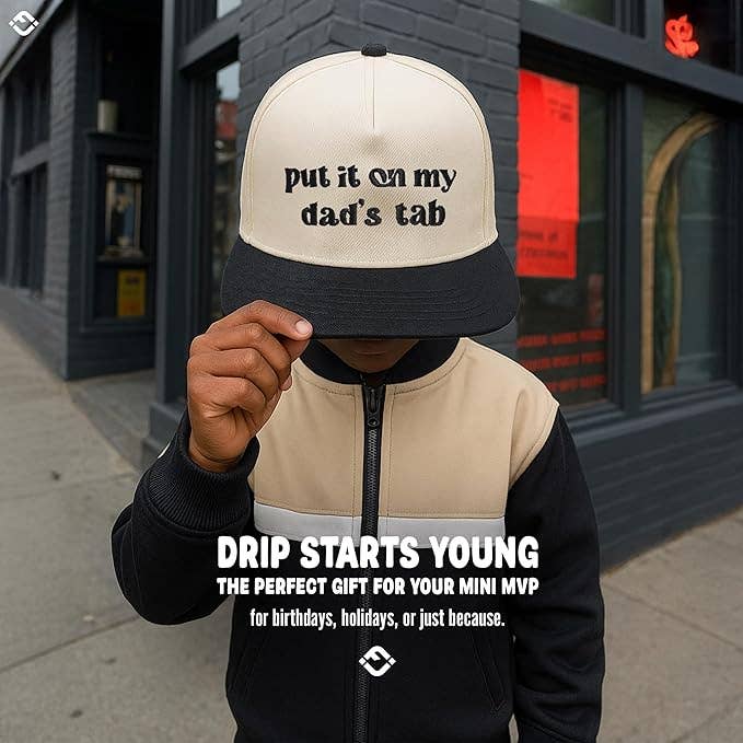 Funky Junque - Kid/Baby 2-Tone Cap: Put It on My Dad's Tab (Black/Beige): Kids (2-9 Years)