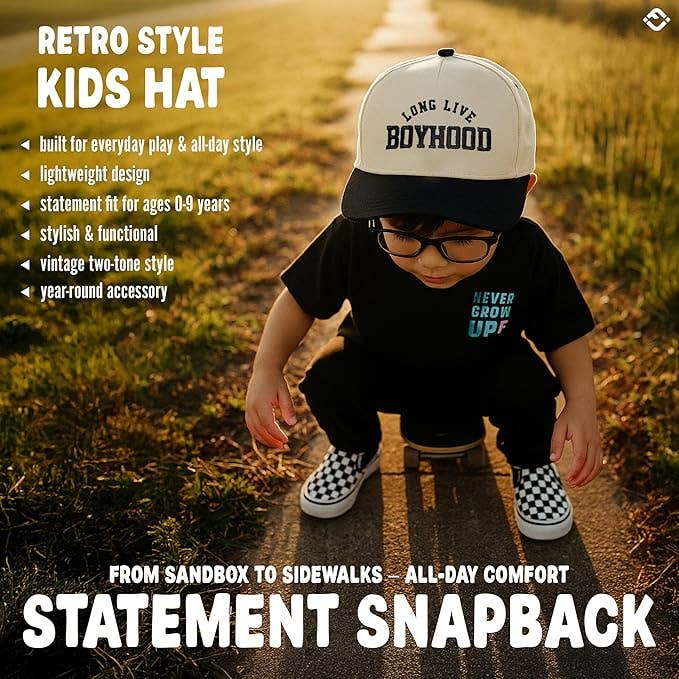 Funky Junque - Kids/Baby Two Tone Cap - Long Live Boyhood - Black/Beige: Kids (2-9 Years)