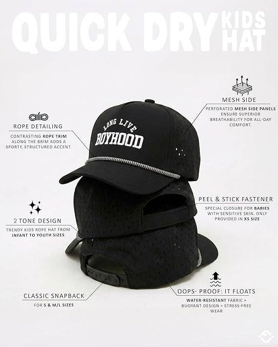 Funky Junque - Kid's Golf Hat - Long Live Boyhood - Black